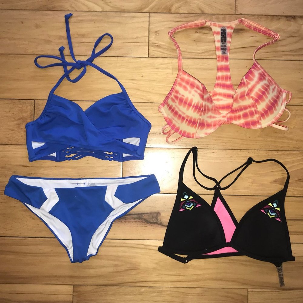 Victoria’s Secret PINK 2-pc Royal Blue Swimsuit Bikini + 2 Extra Swim Tops